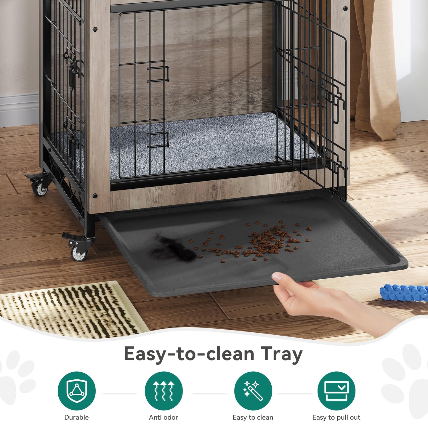 YITAHOME Dog Crate Furniture with Cushion, Dog Kennel Indoor with Wheels, Dog Crate End Table with Tray, 27" Dog Cage with Double Doors for Small Dog (Gray) - WoodArtSupply