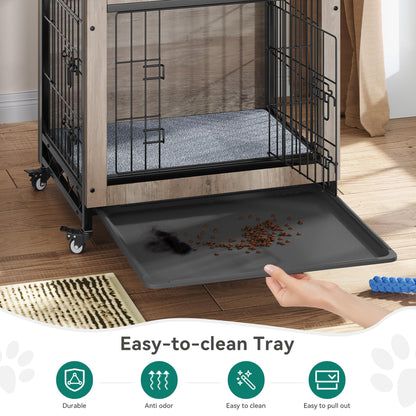 YITAHOME Dog Crate Furniture with Cushion, Dog Kennel Indoor with Wheels, Dog Crate End Table with Tray, 27" Dog Cage with Double Doors for Small Dog (Gray) - WoodArtSupply