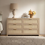 SICOTAS Rattan Dresser for Bedroom, 57" Wide 6 Drawer Dresser with Ample Storage, Dressers Large Chest of Drawers, Closet, Boho TV Stand for Bedroom (Reclaimed Light Oak, 1 Piece) SICOTAS
