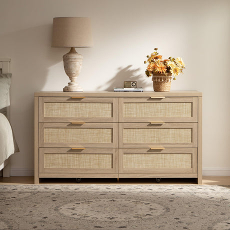 SICOTAS Rattan Dresser for Bedroom, 57" Wide 6 Drawer Dresser with Ample Storage, Dressers Large Chest of Drawers, Closet, Boho TV Stand for Bedroom (Reclaimed Light Oak, 1 Piece) SICOTAS