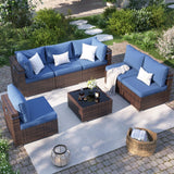 VONZOY Patio Furniture Set, 7-Piece Outdoor Sectional with Free Cover, All-Weather Wicker Patio Conversation Sets for Backyard (Brown with Navy Cushion) VONZOY