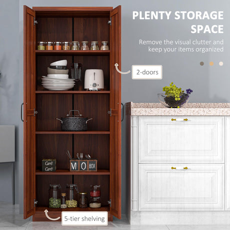 HOMCOM 63" 2-Door Kitchen Pantry, Freestanding Storage Cabinet with 5-Tier Shelving and 2 Adjustable Shelves for Dining Room, Tan HOMCOM