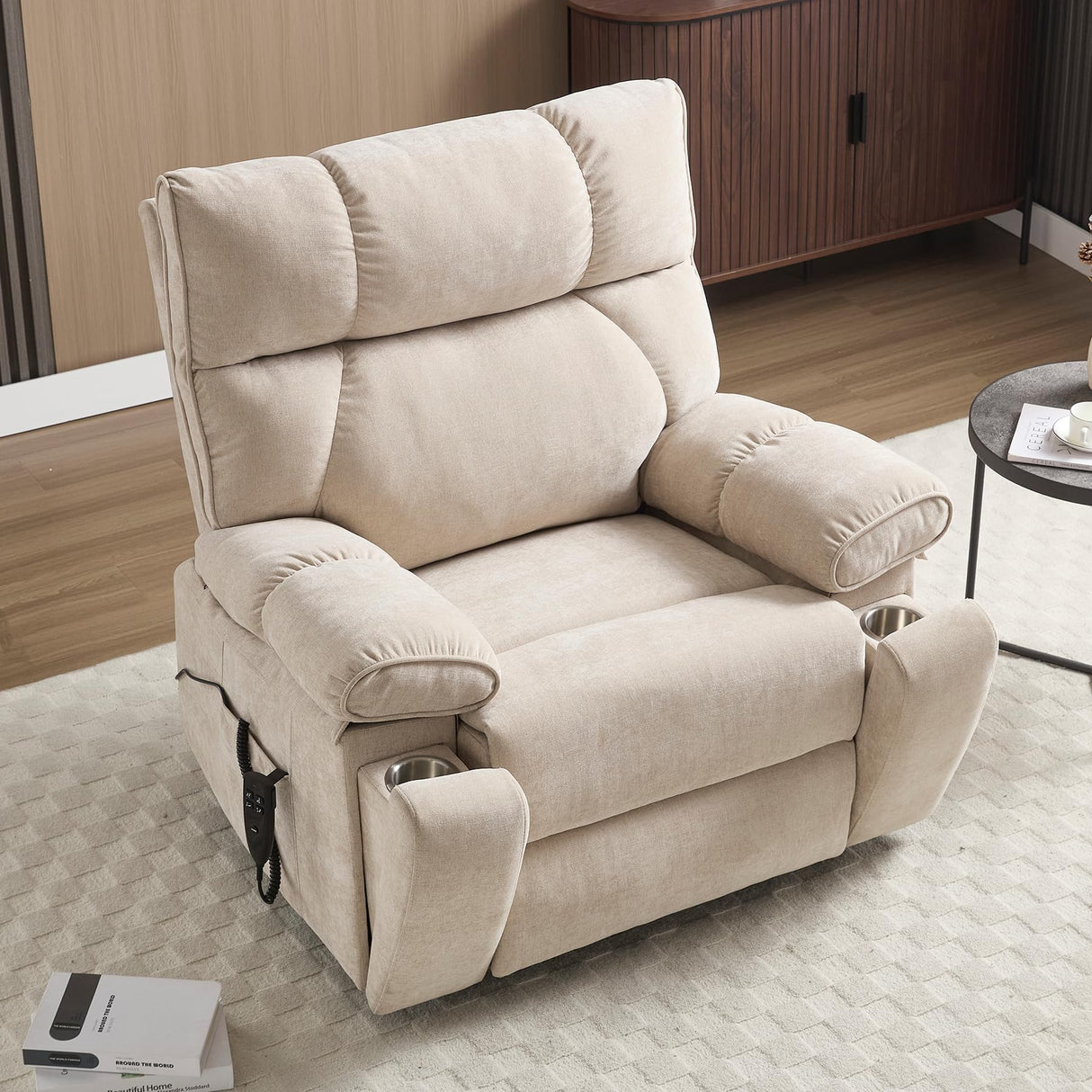 RHHVVR Oversized Power Lift Recliner Chair with Massage and Heating, 24.8" W Big Lay Flat Lift Recliner for Elderly, Medium-Firm Electric Recliners with Hidden Cup Holders,Beige RHHVVR