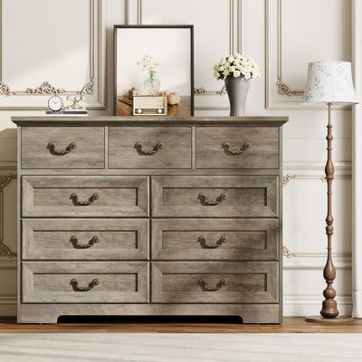 Dresser for Bedroom with 9 Drawers, 47" Wide Vintage Chest of Drawers with Metal Handle & Natural Texture, Wood Dresser for Closet with Two Different Drawer Sizes for Living Room, Hallway, Grey