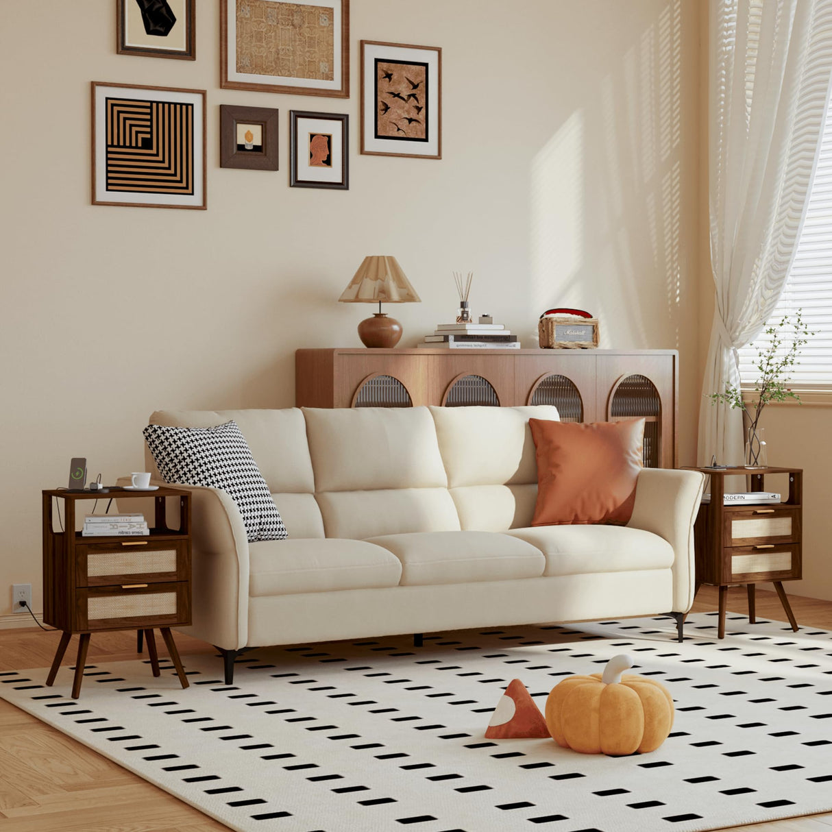 JOONEE Rattan Nightstand with Charging Station,Farmhouse Bedside Table with 2 Storage Drawer and Open Wood Shelf, for Bedroom and Small Spaces,Night Stand with Solid Wood Legs (Walnut Brown-Outlet) JOONEE