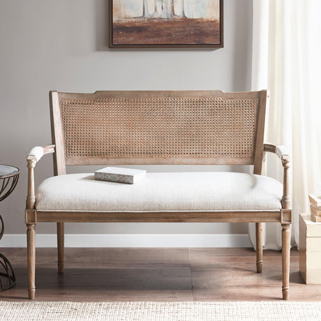 Madison Park Willshire Natural Rattan Settee, Upholstered Seat - Charming Country Design, Rustic Reclaimed Wood Finish, Ratan Insert Backrest & Padded Arm Rest, 47.25" Wide Beige/Reclaimed Natural Madison Park