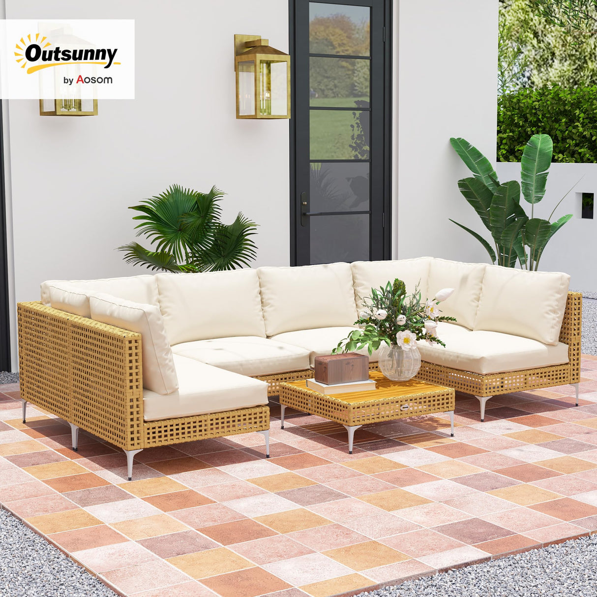 Outsunny 7 Piece Wicker Patio Furniture Set, Modular Outdoor Sectional with Thickened Cushions, Rattan Outdoor Furniture Conversation Set with Slatted Acacia Wood Table for Backyard, Khaki/Beige Outsunny