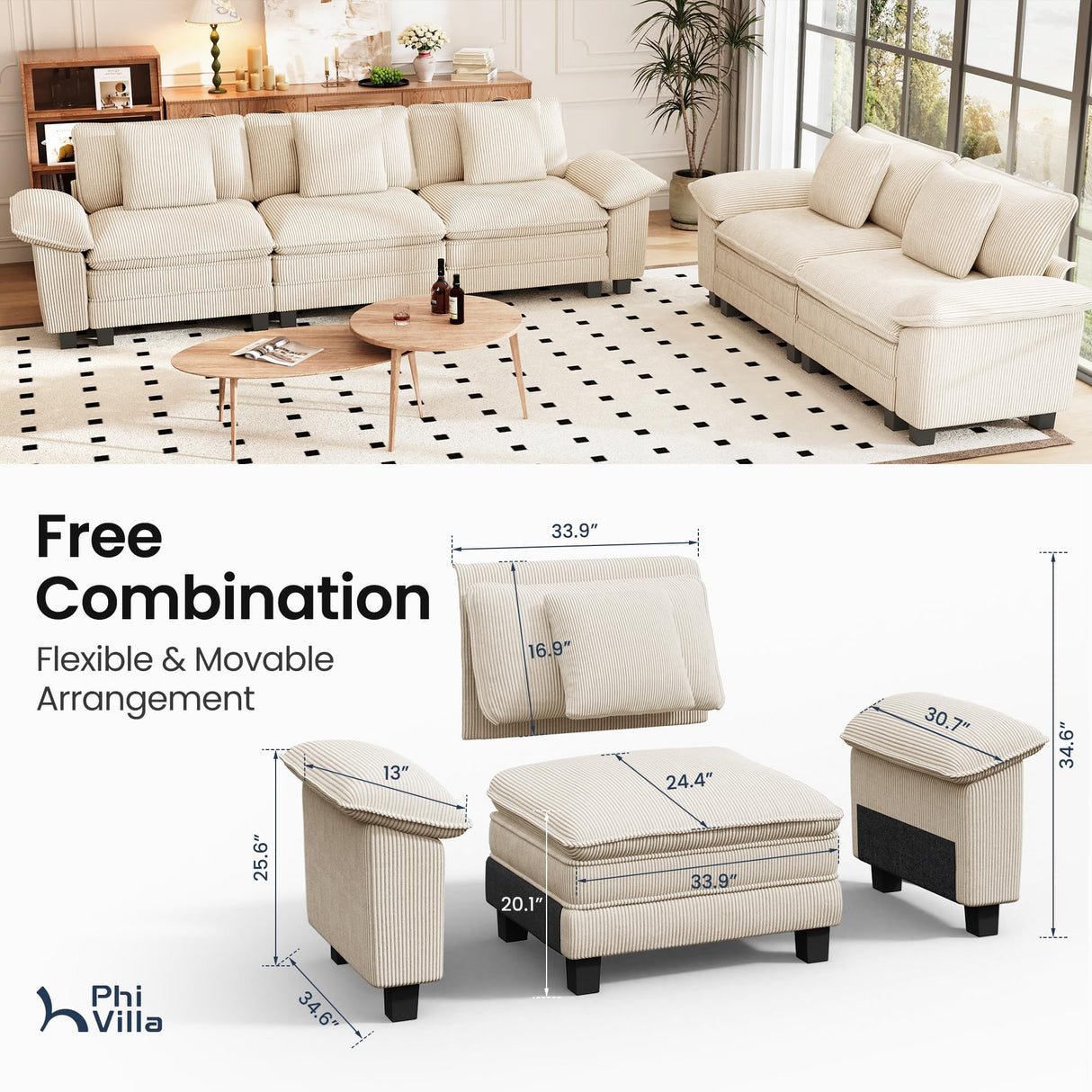 PHI VILLA Cloud Modular Couches Sets, 2 Pieces Comfy Sectional Sofa Set with Loveseat, 5-Seater Upholstered Couch for Living Room, Corduroy, Beige PHI VILLA