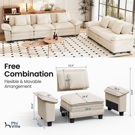 PHI VILLA Cloud Modular Couches Sets, 2 Pieces Comfy Sectional Sofa Set with Loveseat, 5-Seater Upholstered Couch for Living Room, Corduroy, Beige PHI VILLA