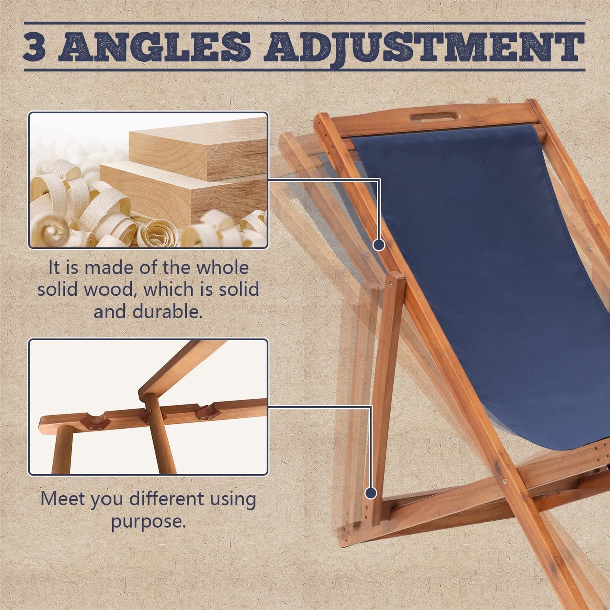 Patio Lounge Chair Outdoor Beach Chair Set of 2, Beach Sling Chair Patio Chairs Set of 2 , Wooden Folding Outdoor Chairs for Outside, 3 Level Height Adjustable, Portable Reclining Beach Chair Capacmkseh