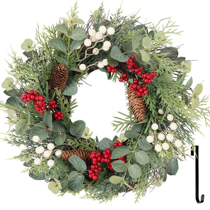 Christmas Wreath, Xmas Door Wreath with Hanger, Christmas Decor Winter Wreath with Red White Berry Pine Cone Eucalyptus, Artificial Wreath Decorations for Indoor Outdoor Use, 18 Inch