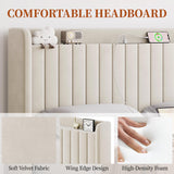 Yaheetech Queen Bed Frame with Headboard, Upholstered Headboard with Charing Station and Storage Shelf, Platform Bed Frame, No Box Spring Needed, Easy Assembly, Beige Yaheetech