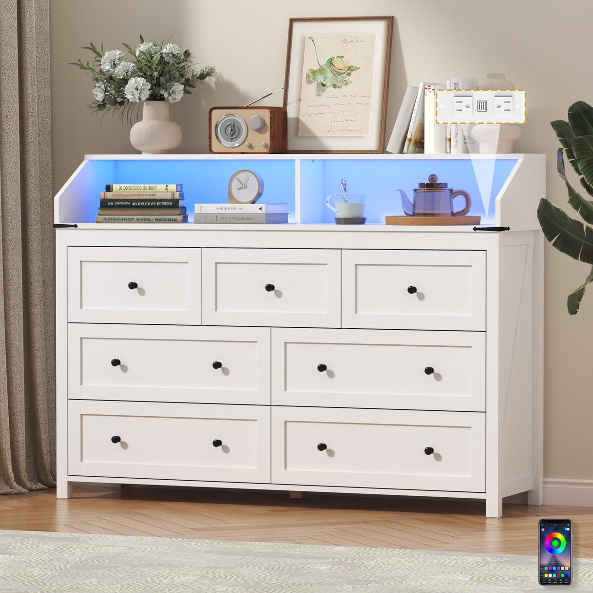 BORNOON 7 Drawer Dresser with LED Lights & Charging Station, Modern Wood Chest of Drawers for Bedroom, Wide Storage Dresser with Metal Handles & Anti-Tip Kit for Closet, Living Room, Entryway BORNOON