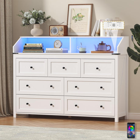 BORNOON 7 Drawer Dresser with LED Lights & Charging Station, Modern Wood Chest of Drawers for Bedroom, Wide Storage Dresser with Metal Handles & Anti-Tip Kit for Closet, Living Room, Entryway BORNOON