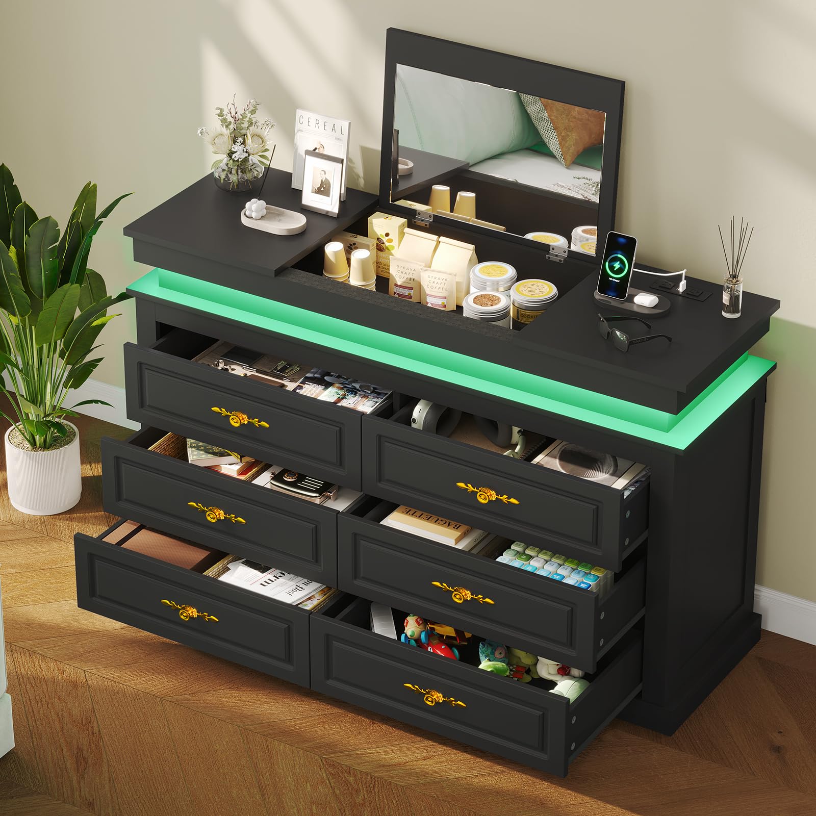 HAUOMS 6 Drawers Dresser with Mirror,LED Chest of Drawers with Flip-Top and Charging Station,Black Dresser for Bedroom,Living Room,Cloest - WoodArtSupply