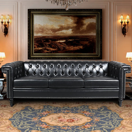 Vaztrlus Chesterfield Sofa Black Faux Leather Couches for Living Room, Deep Seat Comfy 3-Seater Oversized Couch Button Nailhead Tufted Classic Couches for Bedroom, Office Easy to Assemble Vaztrlus
