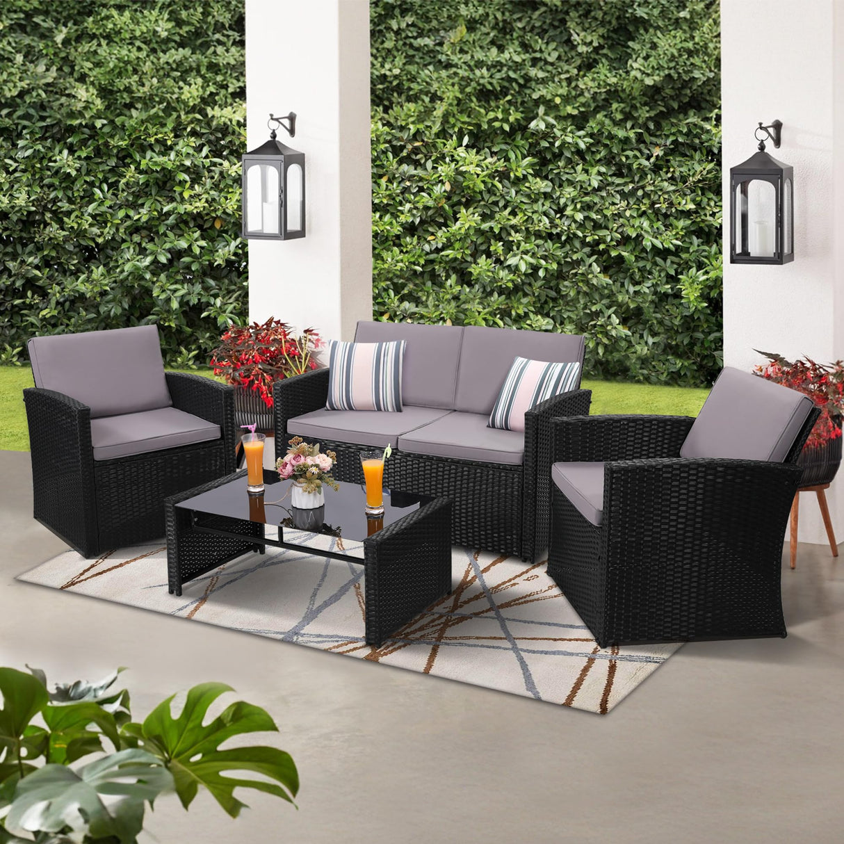 KROFEM 4 Pieces Patio Conversation Set, Outside Rattan Sectional Sofa, Cushioned Furniture Set, Wicker Sofa Ideal for Garden, Porch, Backyard, Black Color Rattan and Light Grey Cushion KROFEM