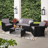 KROFEM 4 Pieces Patio Conversation Set, Outside Rattan Sectional Sofa, Cushioned Furniture Set, Wicker Sofa Ideal for Garden, Porch, Backyard, Black Color Rattan and Light Grey Cushion KROFEM