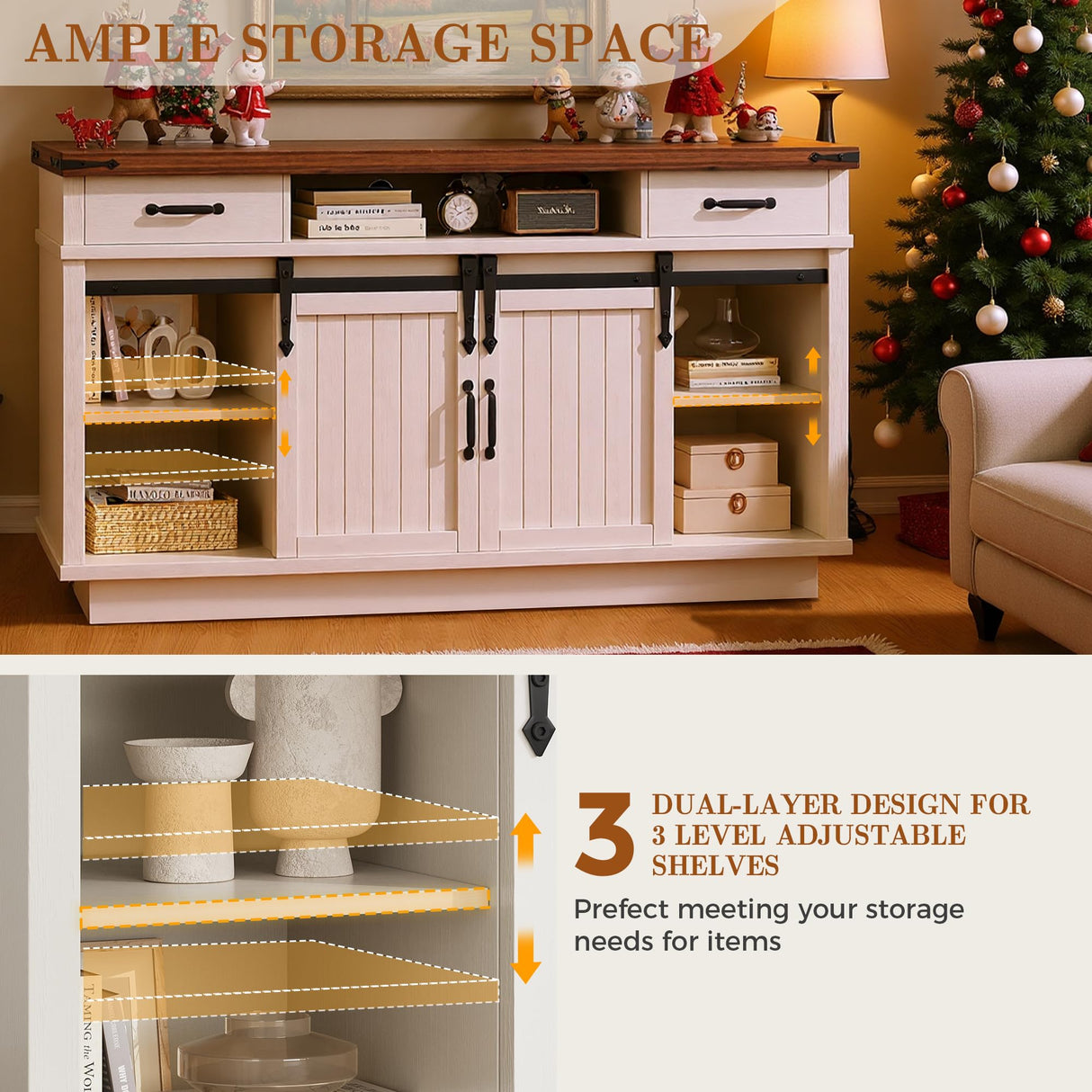 59'' Fireplace TV Stand with 3D Flame Electric Fireplace Heater, 34'' Tall Farmhouse TV Stand for 65 Inch TV, Entertainment Center TV Console with 2 Drawers, Sliding Barn Door for Living Room - White Jocoevol