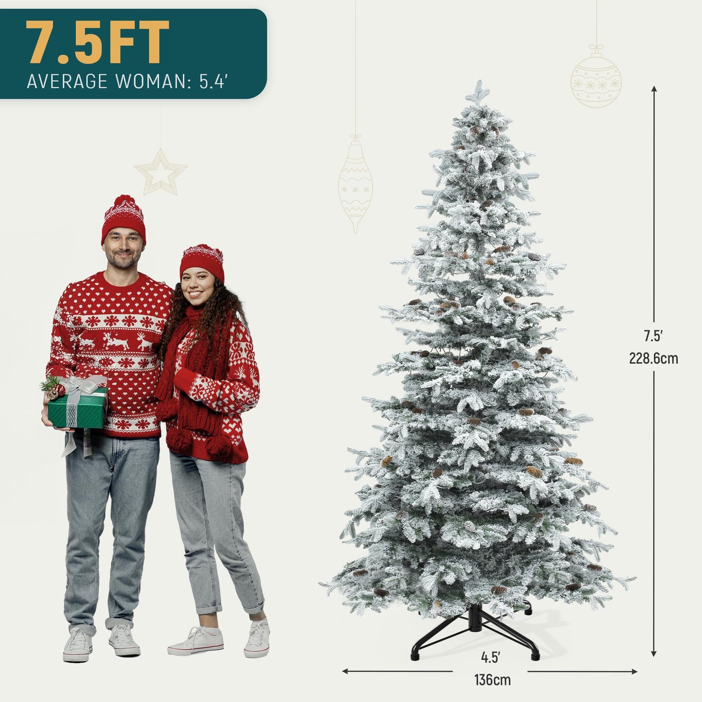 YITAHOME Pre-Lit Mountain Pine Flocked Artificial Christmas Tree, 7.5FT Pre-Decorated Pine Hierarchical Tower Flocked Christmas Tree, 1278 Branch Tips, 550 Lights, 55 Pine Cones for Party Home Deco