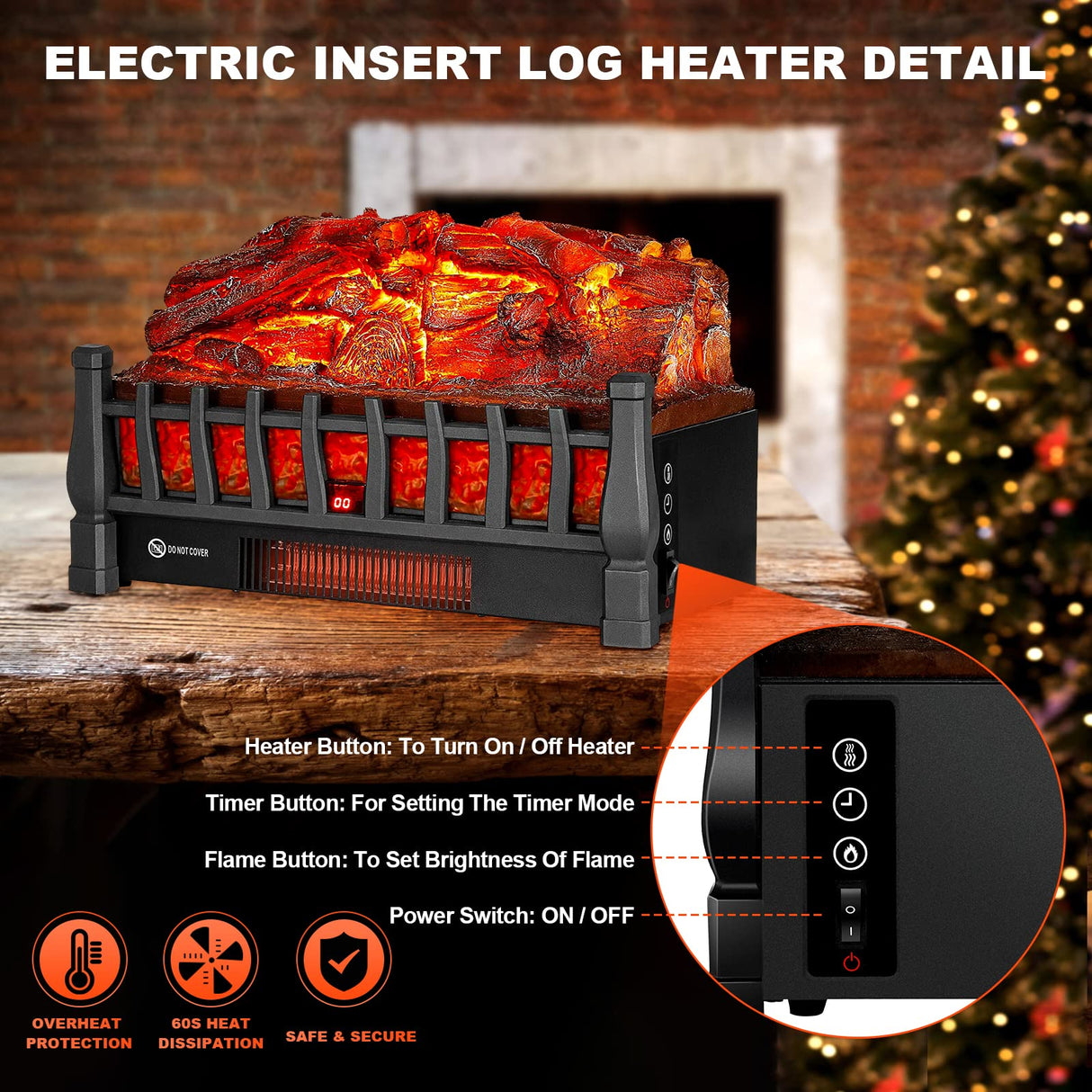 Electric Fireplace Logs Inserts Heater with Infrared Remote Controller 5 Flame Brightness 24 H Timer Overheating Protection for Home and Office Decor Black Alpaca