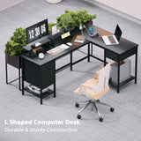 Korfile L Shaped Computer Desk with Power Outlets, Corner Desk with 2 Monitor Stands, Home Office Desk with 4 Adjustable Storage Drawers & Shelves, Large Gaming Desk for Bedroom, 59 inch, Black Korfile