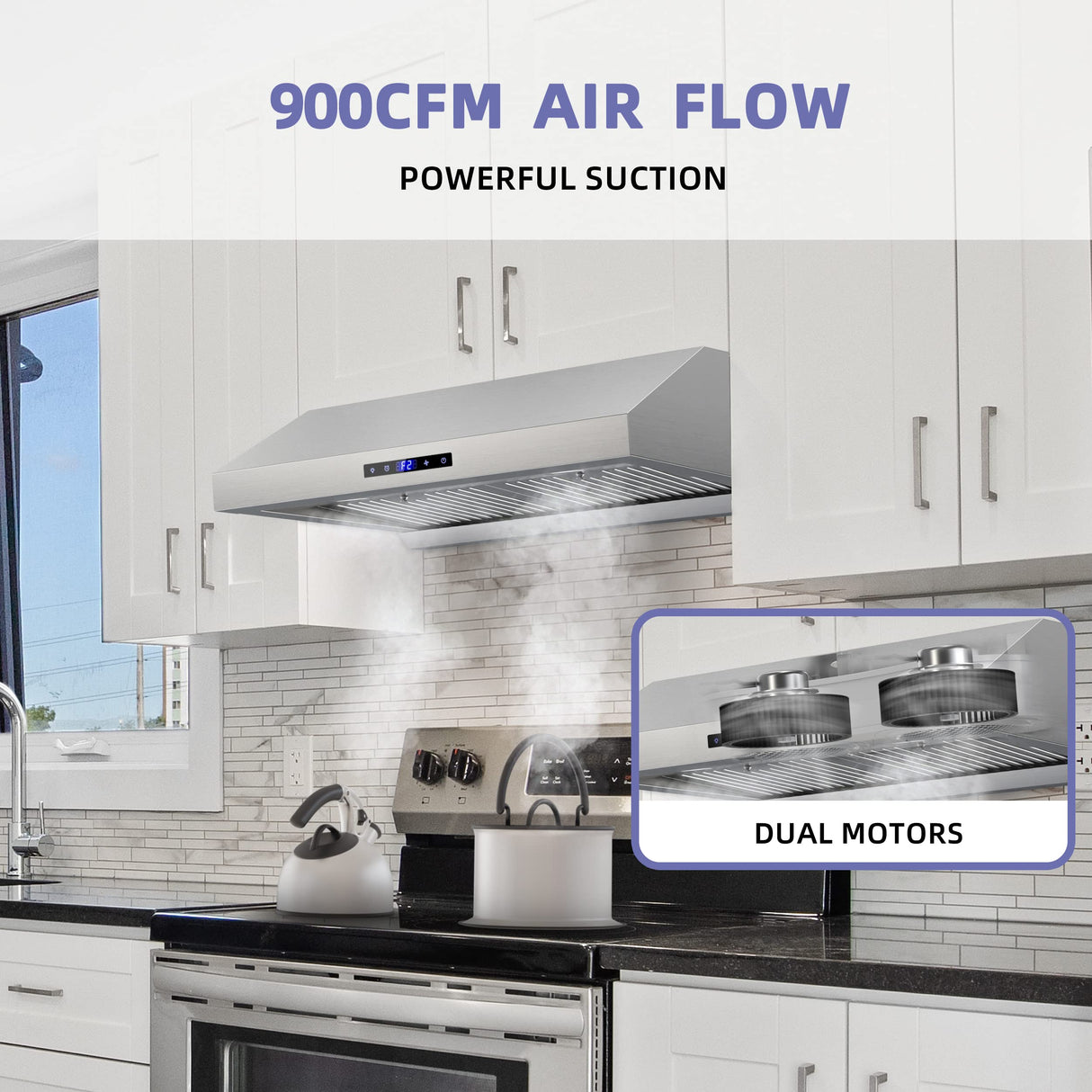 FIREGAS Range Hood 30 inch, Dual Motor Kitchen Hood 900 CFM Stainless Steel Vent Hood for Under Cabinet with 3 Speed Exhaust Fan, Touch Screen, Dishwasher Safe Baffle Filters and LED Lights FIREGAS
