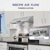FIREGAS Range Hood 30 inch, Dual Motor Kitchen Hood 900 CFM Stainless Steel Vent Hood for Under Cabinet with 3 Speed Exhaust Fan, Touch Screen, Dishwasher Safe Baffle Filters and LED Lights FIREGAS