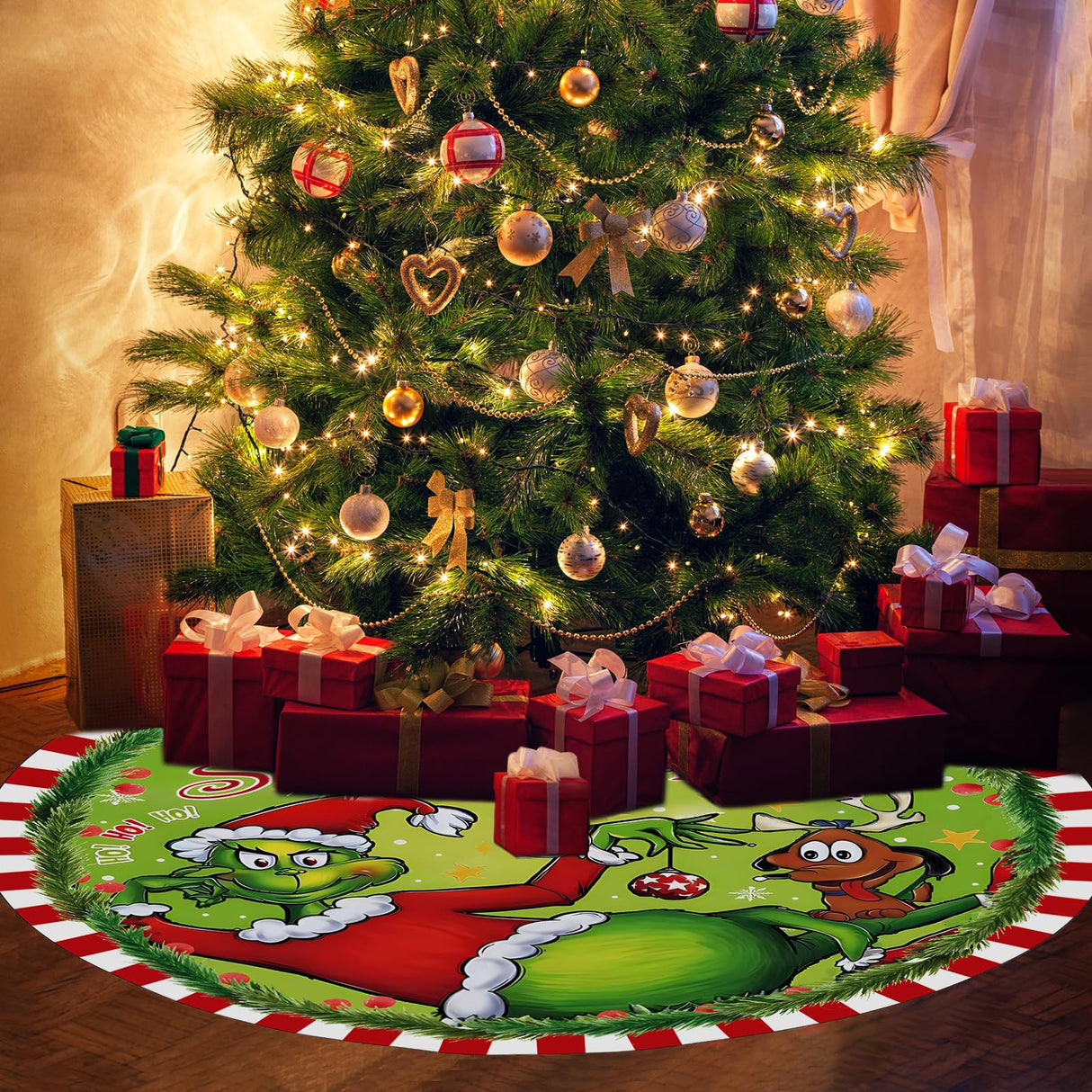 48 Inch Christmas Tree Skirt - Soft and Funny Farmhouse Christmas Tree Collar with Red & Green Trim Decor Xmas Holiday Decoration (Style A) Bpwasxda