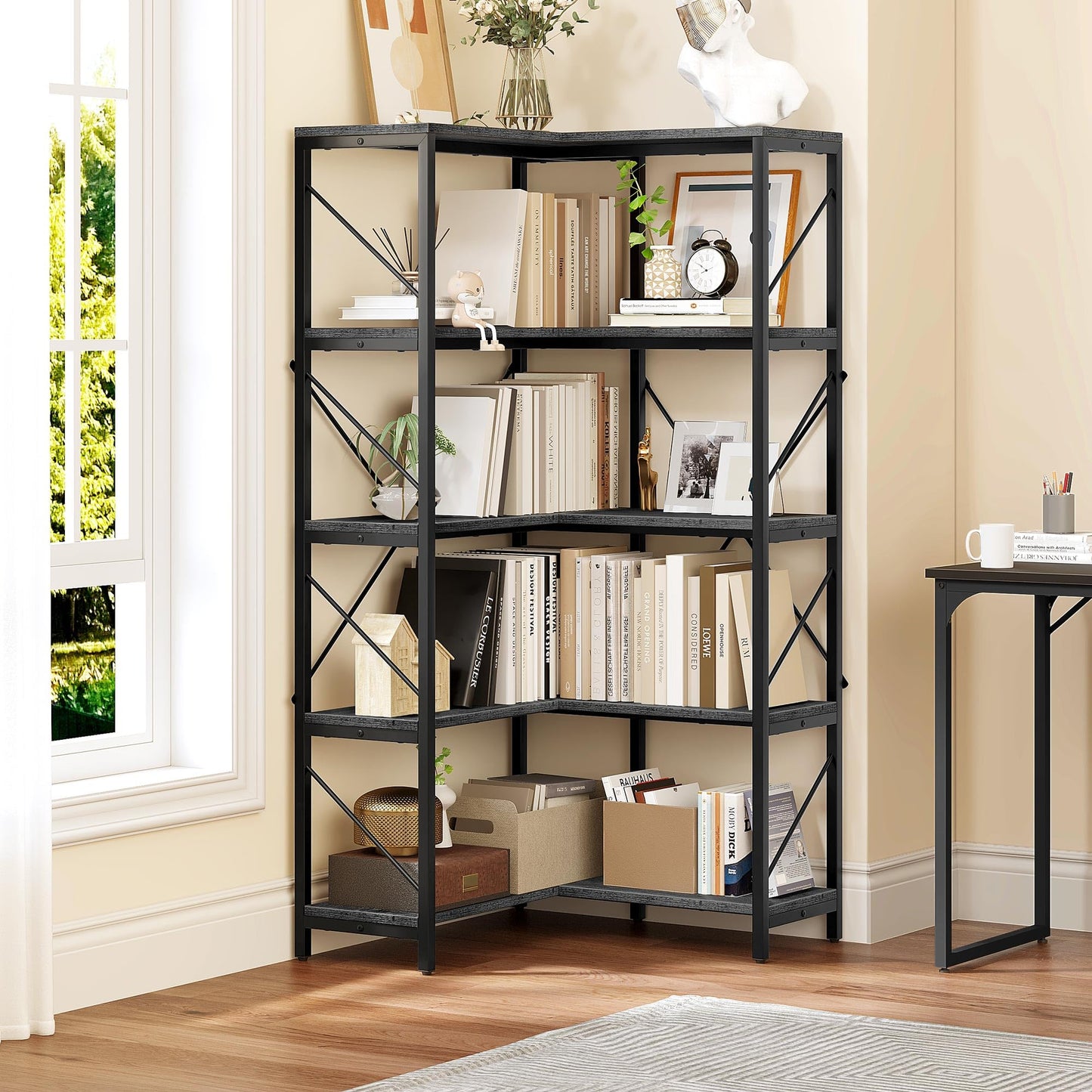 YITAHOME 5-Tier Industrial Corner Bookshelf in Charcoal Gray and Black - WoodArtSupply