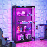 MOTPK Display Cabinet with LED Lights, Display Case with Glass Storage Shelves, 4-Tiers Curio Cabinet for Collectibles, Display Shelf Carbon Fiber Texture, Black MOTPK