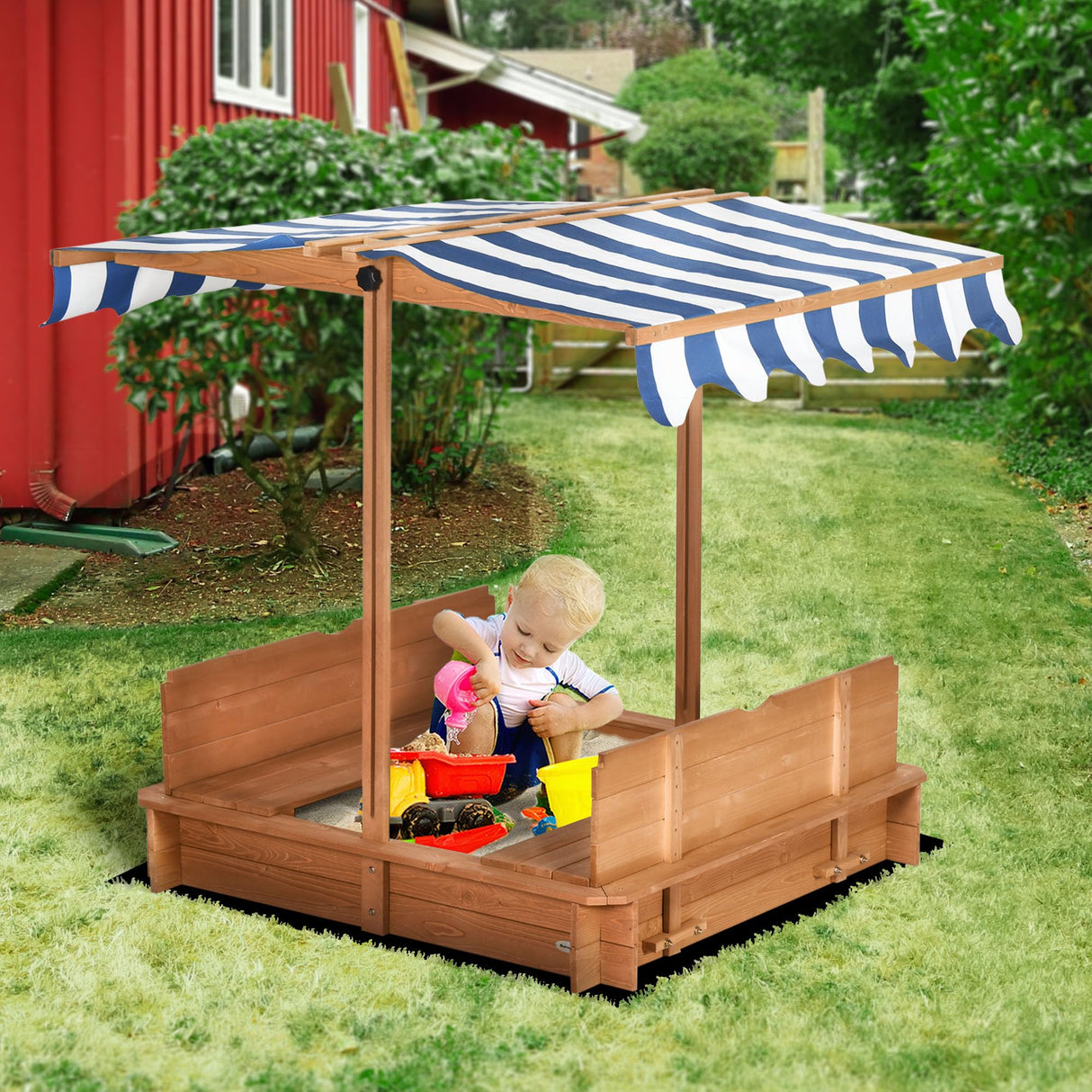 Outsunny Wooden Kids Sandbox with Cover, Children Outdoor Sand Box with Foldable Bench Seats, Adjustable Canopy, Bottom Liner for Outdoor, Red Outsunny