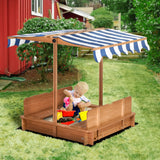 Outsunny Wooden Kids Sandbox with Cover, Children Outdoor Sand Box with Foldable Bench Seats, Adjustable Canopy, Bottom Liner for Outdoor, Red Outsunny