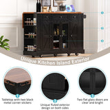 E-SHANMOHY Farmhouse Kitchen Island Cart with Drop Leaf & Charging Station,53" Rolling Island Cart on Wheels with Tempered Glass Doors Storage,Side Spice Racks,Ideal for Home Kitchen (Black-1) E-SHANHOMY