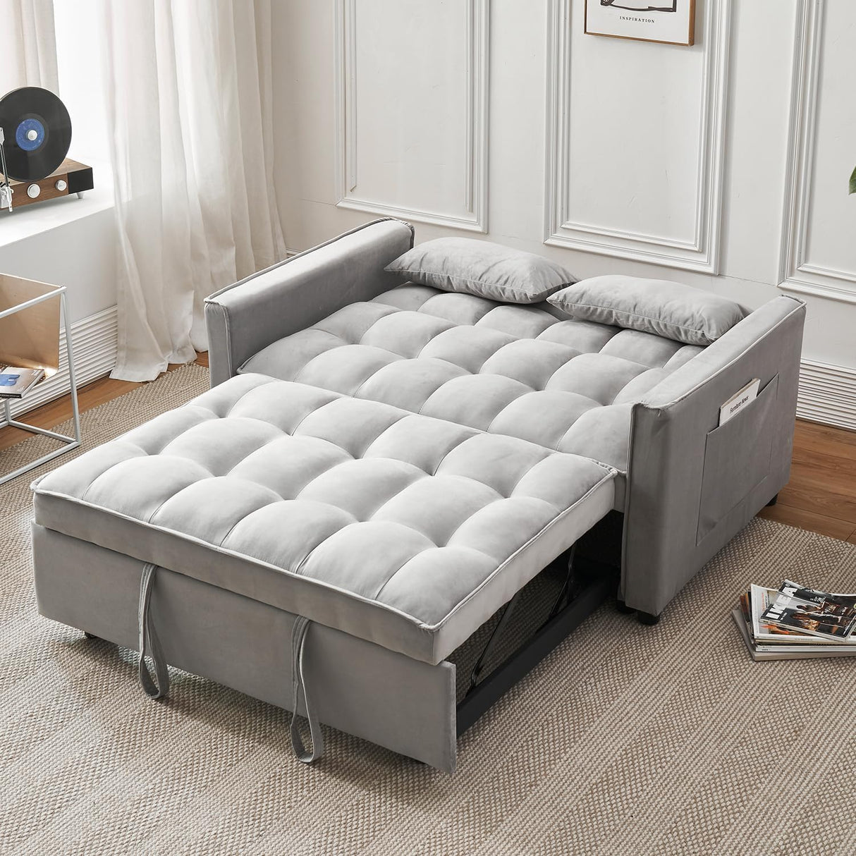 FENFSHE Futon Sofa Bed, Modern Velvet 3 in 1 Sleeper Sofa Couch Bed, Pullout Couch Bed with Adjustable Backrest, Storage Pockets and Toss Pillows for Living Room, Bedroom (Grey) FENFSHE