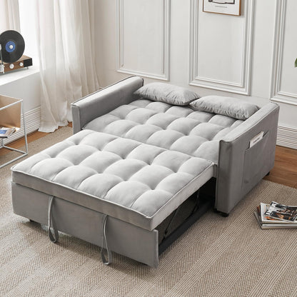 FENFSHE Futon Sofa Bed, Modern Velvet 3 in 1 Sleeper Sofa Couch Bed, Pullout Couch Bed with Adjustable Backrest, Storage Pockets and Toss Pillows for Living Room, Bedroom (Grey)