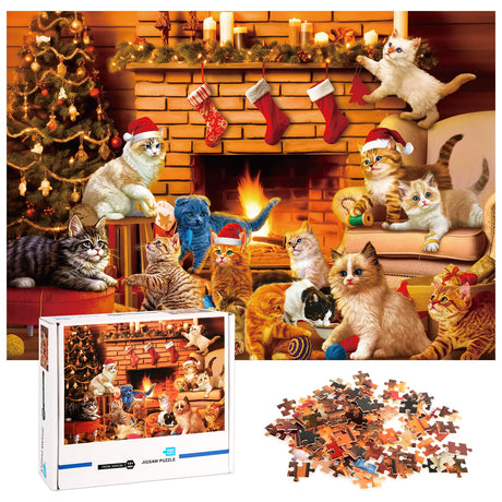 1000 Pcs Christmas Cat Jigsaw Puzzles, Challenging Puzzles Xmas Family Game Puzzles for Adults Cat Lovers Supplies Hxezoc