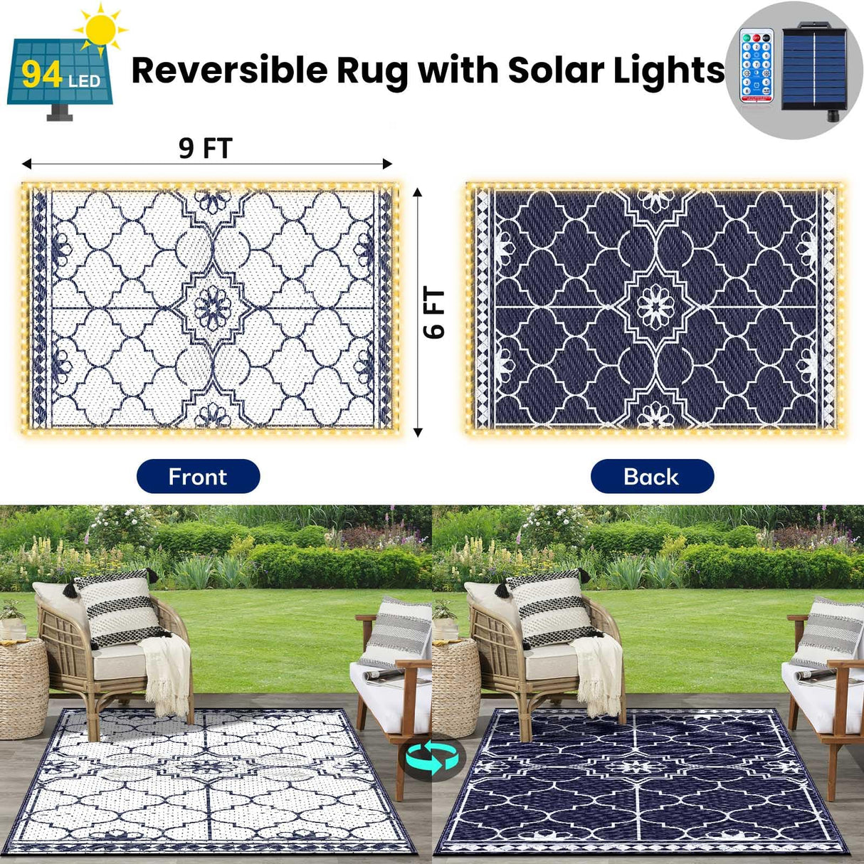 6x9Ft Outdoor Rug, Solar Powered Outdoor Rug with 94LEDs Strip Lights for House Deck, Waterproof Plastic Reversible Outdoor Straw Rugs, Rugs Mat RV Camping Patio Beach Balcony Picnic (Blue White) Capybland