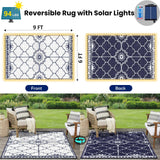 6x9Ft Outdoor Rug, Solar Powered Outdoor Rug with 94LEDs Strip Lights for House Deck, Waterproof Plastic Reversible Outdoor Straw Rugs, Rugs Mat RV Camping Patio Beach Balcony Picnic (Blue White) Capybland