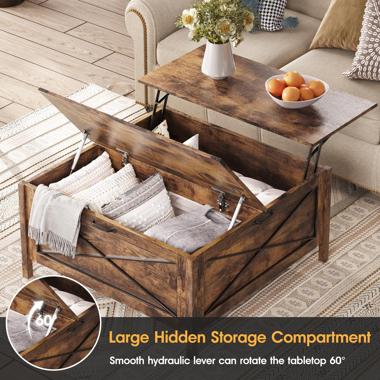 Mauqvit Lift Top Coffee Table，Square Center Table with Hidden Storage Compartment, Farmhouse Wood Coffee Table for Living Room，Bedroom, Home Office Maupvit