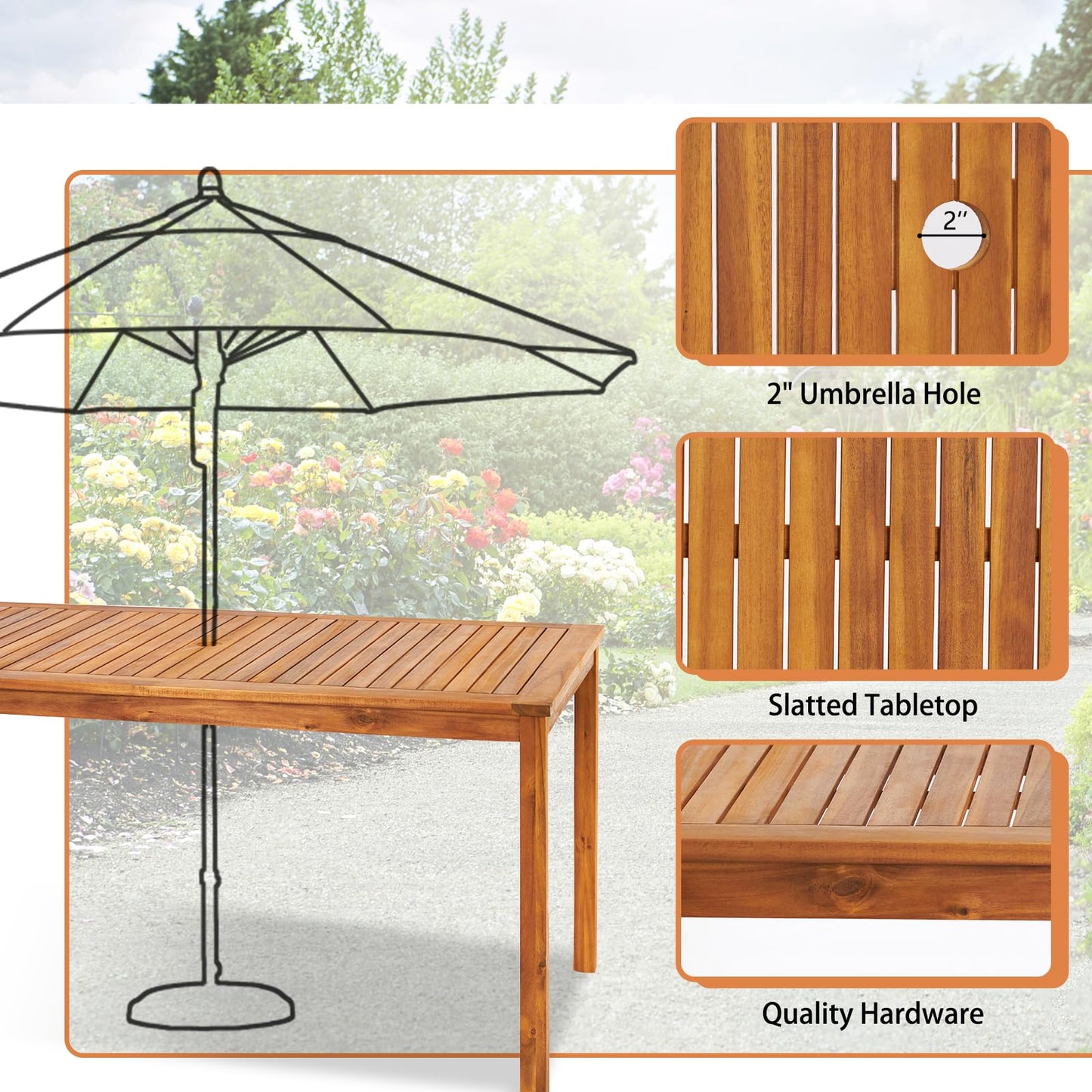 VINGLI Outdoor Dining Table, 57" Acacia Wood Rectangular Table with Umbrella Hole for Deck, Backyard, Lawn, Garden, Indoor - WoodArtSupply