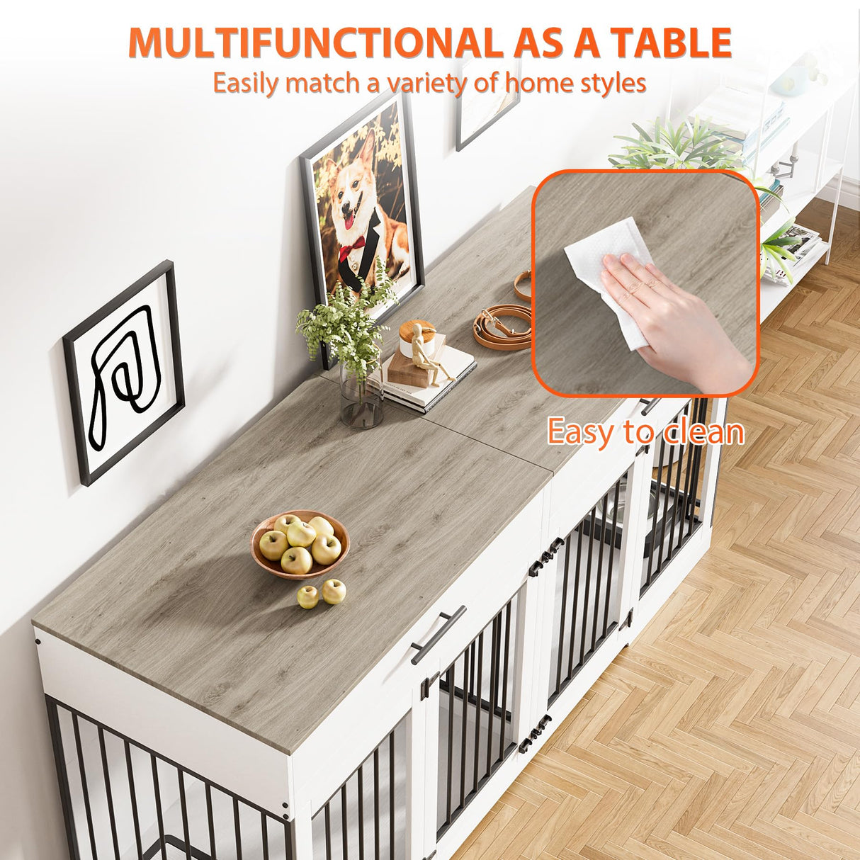 Rophefx 72" Dog Crate Furniture for 2 Dogs, Large Dog Kennel Furniture with 2 Storage Drawers and Removable Divider, Indoor Wooden Dog Cage with 4 Bowls, Dog House TV Stand for Large Dog, White Grey Rophefx