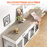 Rophefx 72" Dog Crate Furniture for 2 Dogs, Large Dog Kennel Furniture with 2 Storage Drawers and Removable Divider, Indoor Wooden Dog Cage with 4 Bowls, Dog House TV Stand for Large Dog, White Grey Rophefx