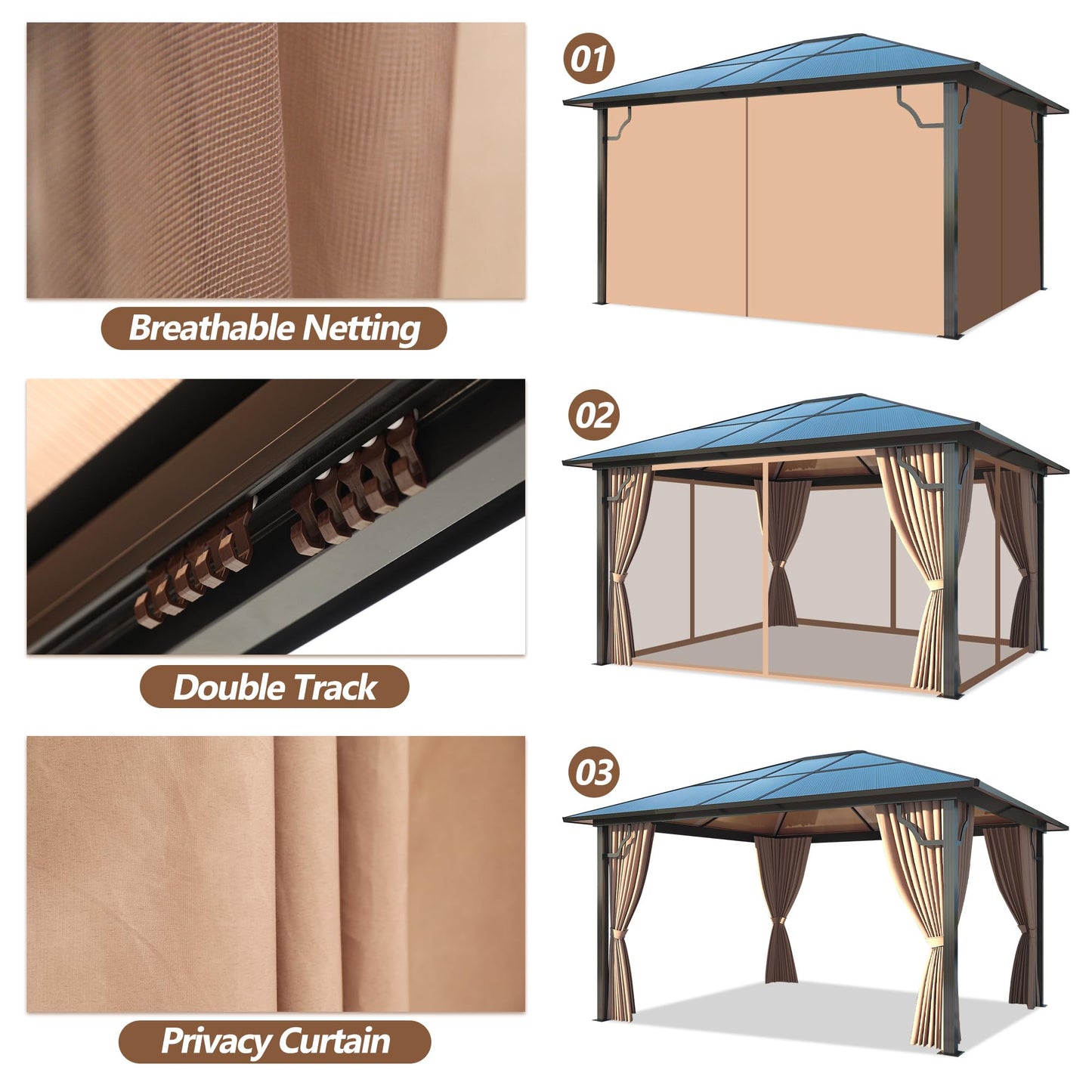 GARTOO 10' x 12' Polycarbonate Hardtop Gazebo - Sunroom Aluminum Frame Permanent Pavilion with Double Curtains for Garden, Lawn, Outdoor Party, Backyard Deck - WoodArtSupply