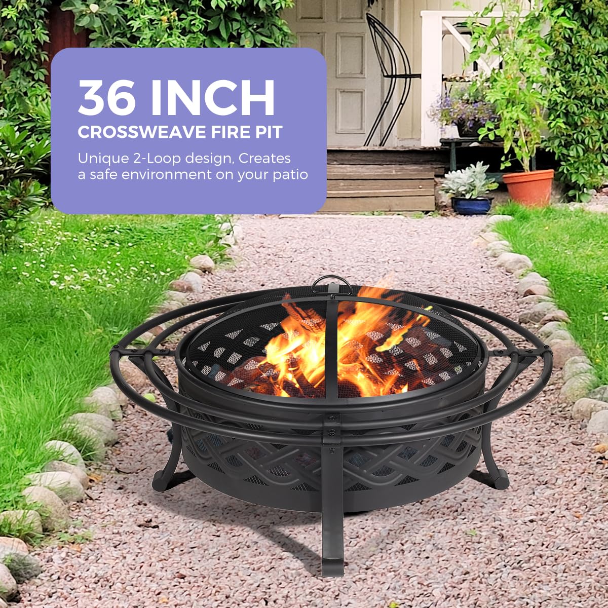 Panovue 36 Inch Fire Pit with 2 Loops,Crossweave Wood Burning Fire Pits for Outside,with Spark Screen,Fire Poker,Round Outdoor Firepit for Patio,Yard,Garden,Camping,Bonfire,Black Panovue