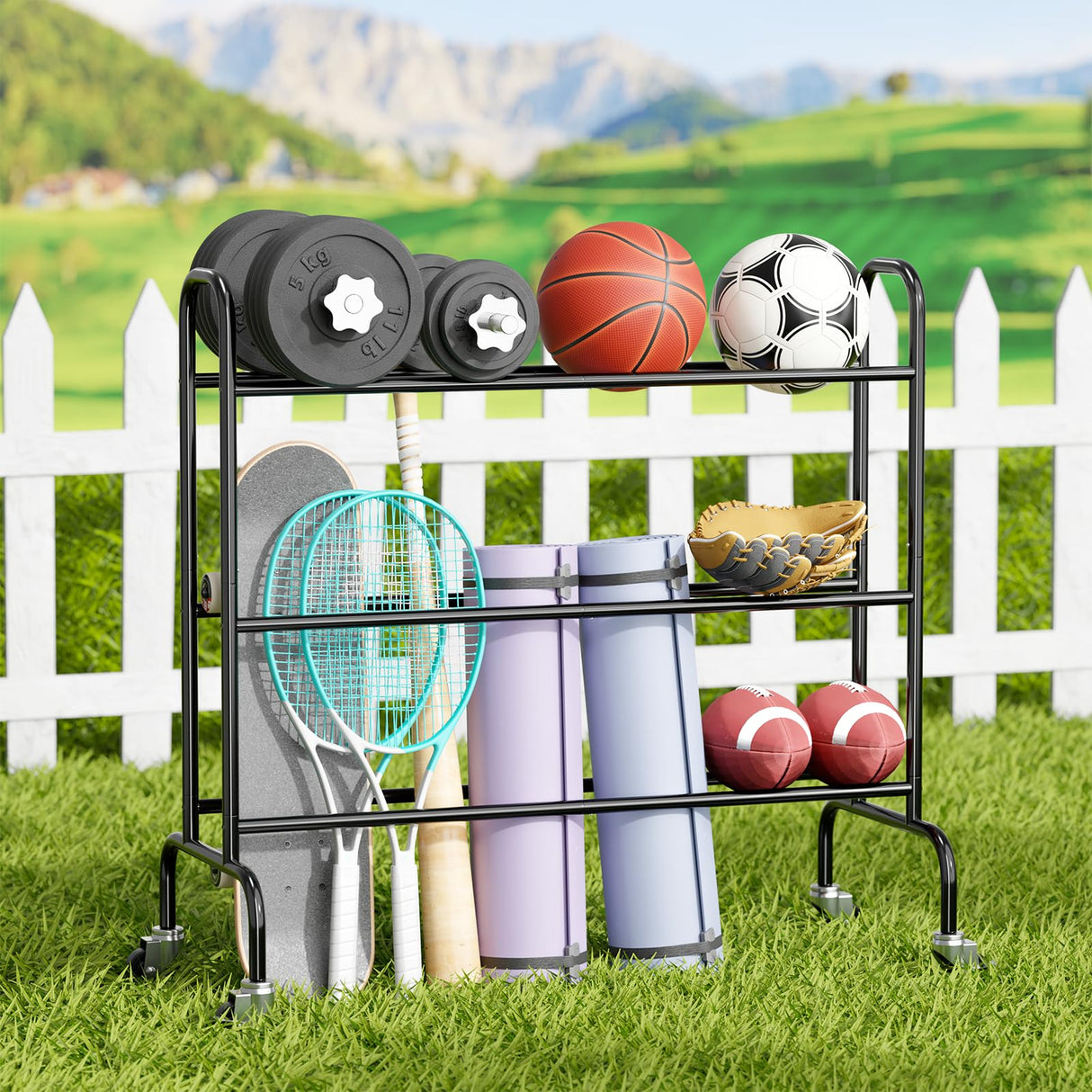 SUFAUY Sports Equipment Organizer, Garage Basketball Rack, Gear & Ball Storage Rack, Outdoor and Indoor Rolling Balls Cart with Wheels SUFAUY