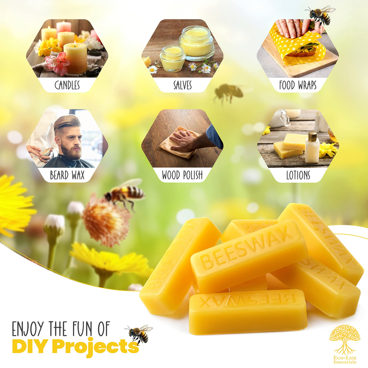 Eco Lux 8 Yellow Beeswax Blocks 100% Pure Natural Organic Bees Wax 6.5oz Eco-Lux Essentials