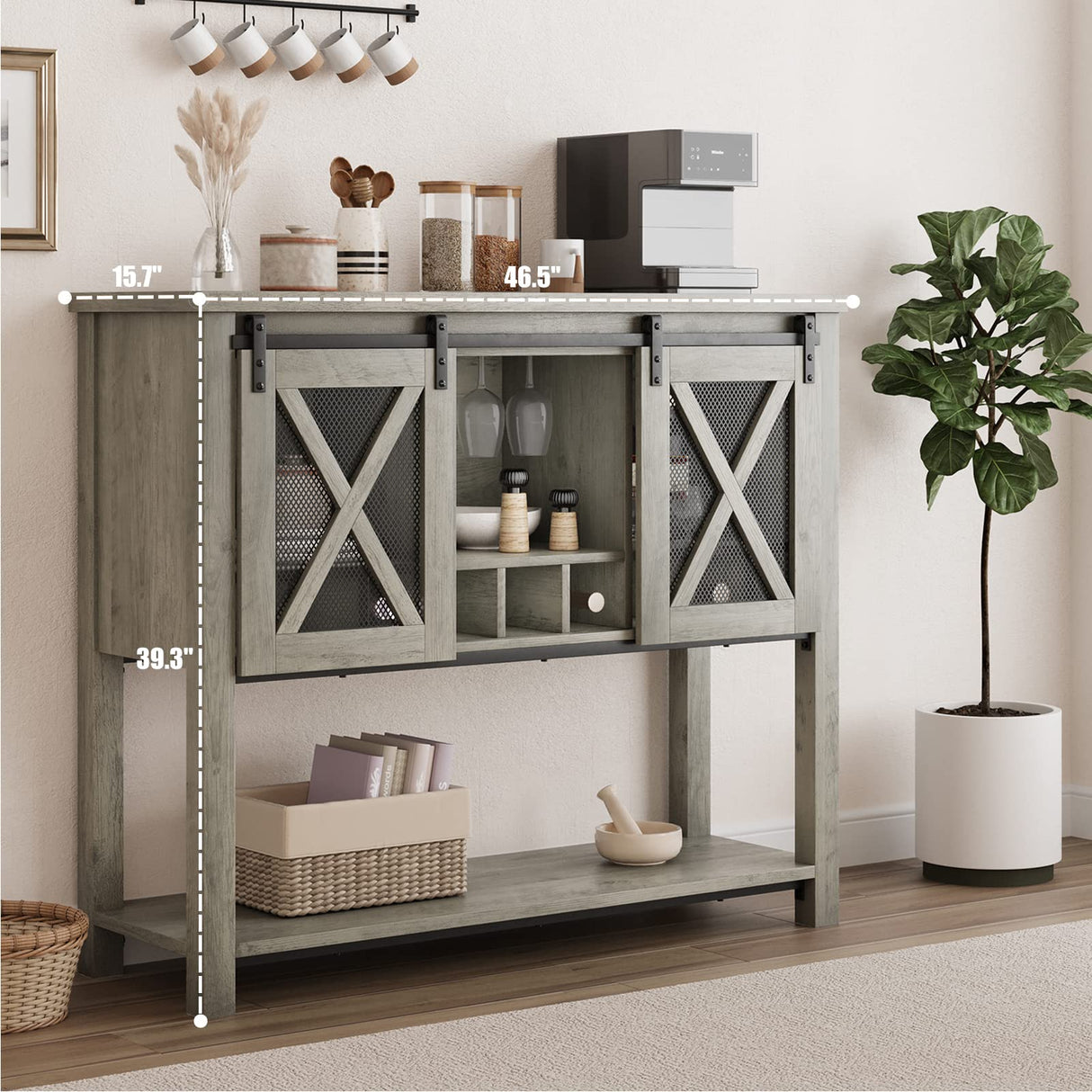 IDEALHOUSE Buffet Storage Cabinet Farmhouse Wine Cabinet Coffee Bar Table with Wine Glass Rack and Storage, Wood Buffets and Sideboards with Barn Mesh Door for Kitchen, Dining, Living Room, Grey IDEALHOUSE