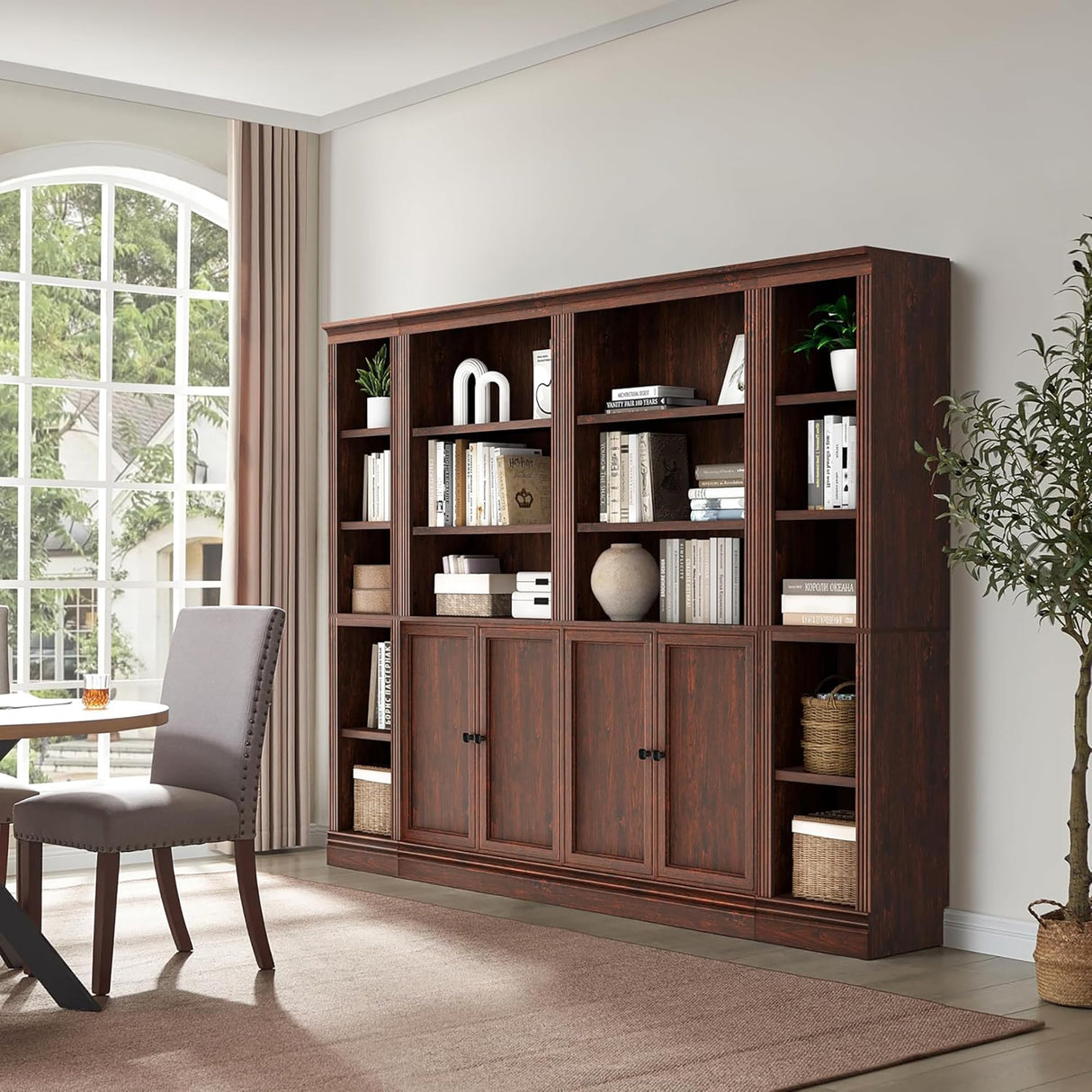 JAHRSTIM Halston Standard w/ Doors Bookshelves and Bookcase Floor Standing 5 Tier Adjustable Shelves Organizer and Storage, 72in Tall Bookshelf for Home Office, Living Room, Bed Room, Kitchen, Cherry JAHRSTIM