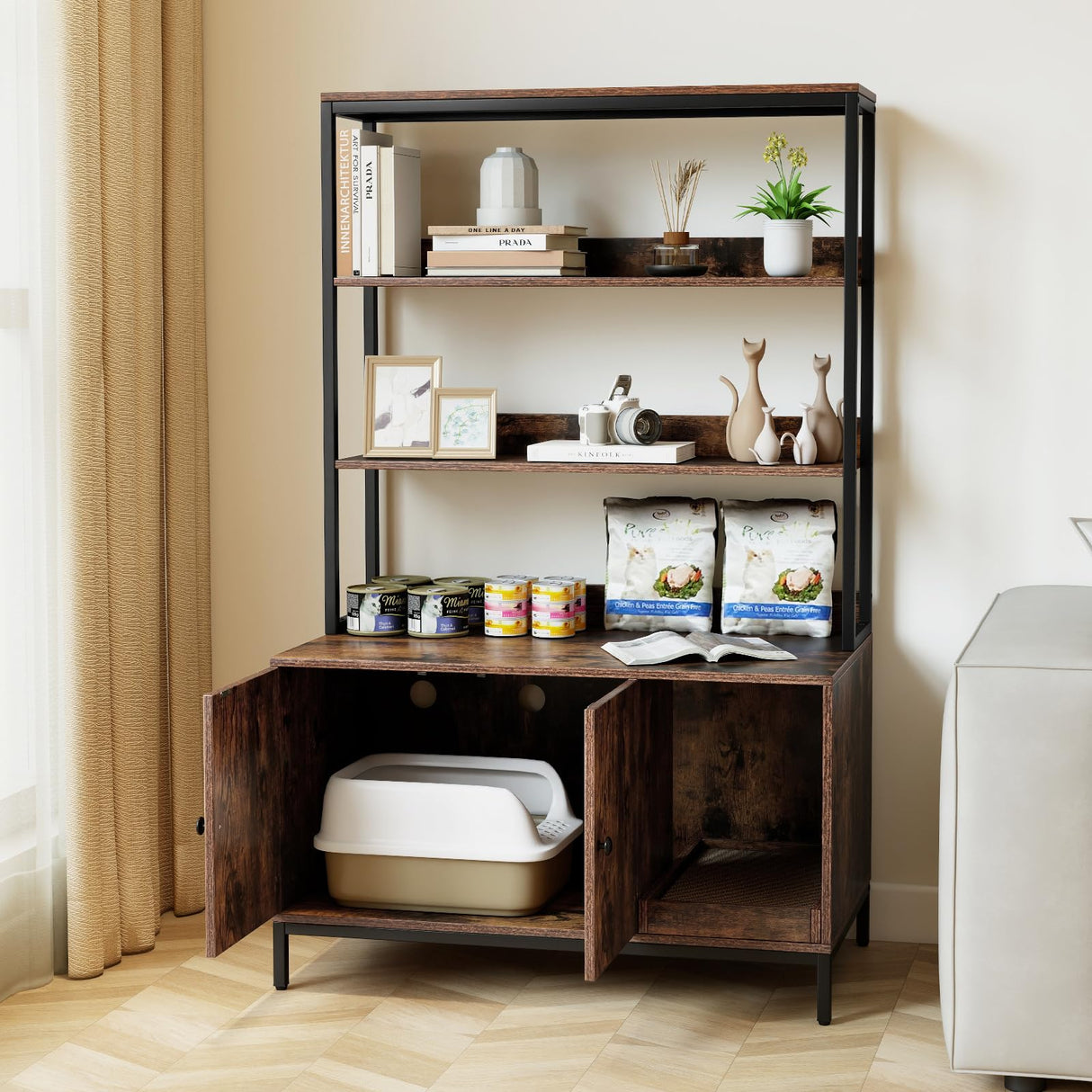 Tangkula Litter Box Enclosure with Shelves, Hidden Cat Washroom Cabinet with Storage, Winding Entry & Scratching Board, Versatile Litter Box Furniture (Rustic Brown) Tangkula